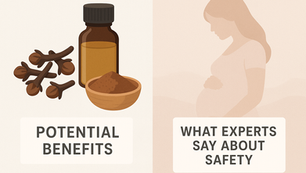 Clove oil, powder, and clove illustration on left with text: "Potential Benefits." Pregnant woman silhouette on right with text: "What Experts Say About Safety." Herbpy Blog.