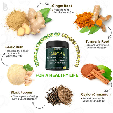 Herbpy Ginger Capsule combining Ginger Root, Turmeric, Garlic, Cinnamon, and Black Pepper - natural ginger turmeric supplement for immune health and balanced digestion. Ginger extract benefits for daily vitality.