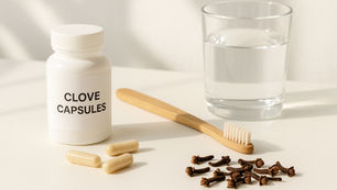 Clove capsules bottle, toothbrush, glass of water, and cloves on a white surface in soft light. "CLOVE CAPSULES" text visible. Calm mood.