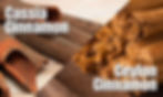 Cassia and Ceylon cinnamon sticks side by side on wooden surfaces. Cassia is dark brown and thick, Ceylon is light and thin. Text labels shown.