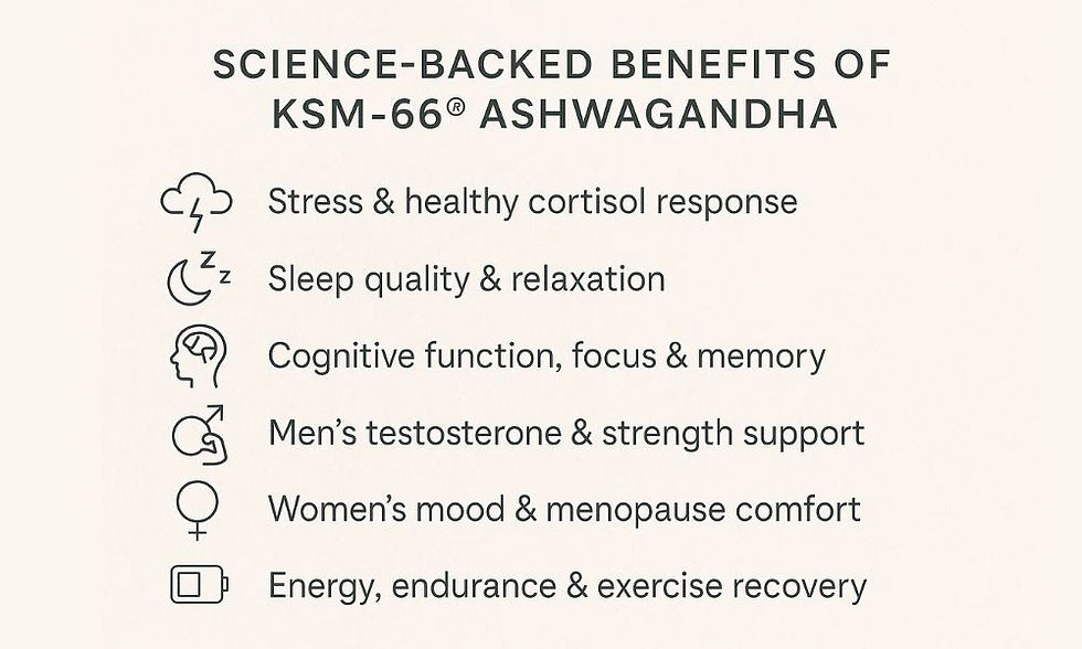 List of science-backed benefits of KSM-66 Ashwagandha including stress response, sleep quality, cognitive function, testosterone support, women's health, and exercise recovery.