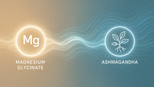 Glowing circles with "Mg" for Magnesium Glycinate and a plant icon for Ashwagandha connected by wavy lines. Beige and teal gradient background. Herbpy Blog.