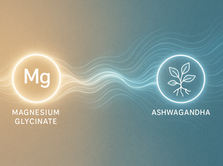 Glowing circles with "Mg" for Magnesium Glycinate and a plant icon for Ashwagandha connected by wavy lines. Beige and teal gradient background. Herbpy Blog.
