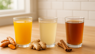 Three glasses with orange, pale yellow, and brown juice on a wooden table. Turmeric, ginger, and cinnamon sticks nearby. Bright kitchen. Herbpy Blog.