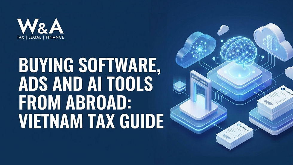 Blue W&A poster about buying software, ads and AI tools abroad, with cloud icons, documents and Vietnam tax guide text.
