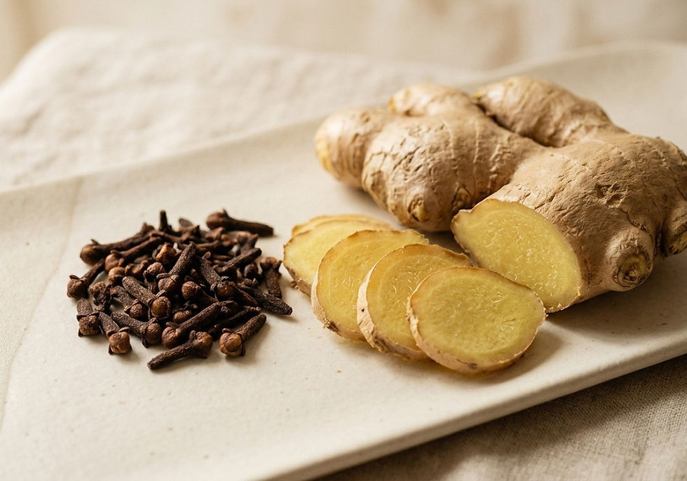 Fresh ginger root and sliced ginger beside a pile of cloves on a white plate, warm beige background - Clove and Ginger: Natural Support for Digestion and Immunity