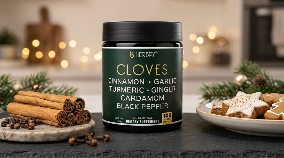 Herbpy Cloves dietary supplement jar centered among cinnamon sticks, spices, and cookies in a cozy holiday kitchen.