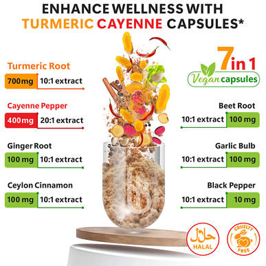 Turmeric Root 700 mg and Cayenne Pepper 400 mg with Ginger, Beetroot, Garlic, Cinnamon, and Black Pepper, 7-in-1 turmeric curcumin supplement for inflammation relief and antioxidant protection.