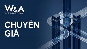 Ảnh đồ họa xanh đậm với chữ W&A TAX | LEGAL | FINANCE và CHUYỂN GIÁ, kèm các trụ kính trừu tượng.
