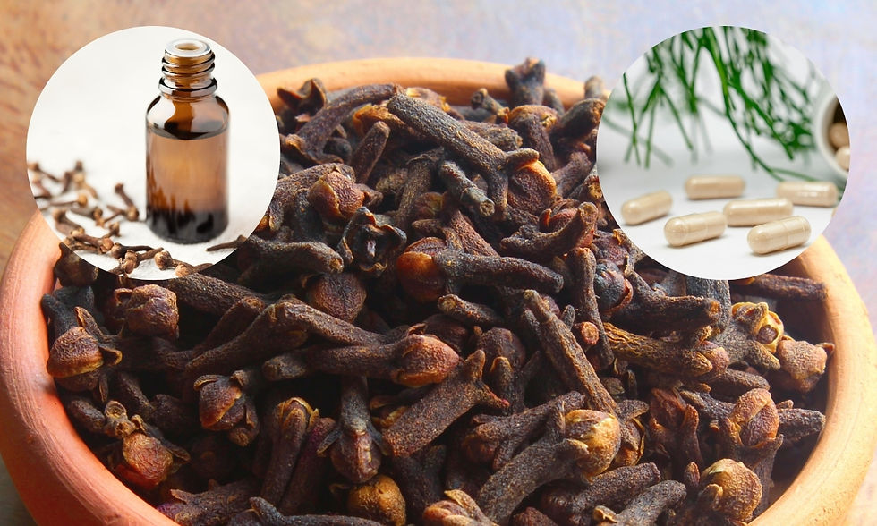 A wooden bowl of ground cloves on a rustic wooden table. Whole cloves and capsules are scattered around, creating a natural, earthy scene.