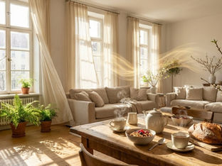 Sunlit living room with beige sofas, plants, and large windows. A wooden table holds tea, bread, and cereal. Warm, cozy ambiance.