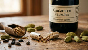 A close-up of an opened cardamom capsule revealing herbal powder inside, resting on a wooden table next to whole cardamom green pods, cardamom black seeds, and a wooden scoop.