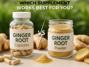Ginger root capsules and pills in jars with green labels. Ginger pieces surround them. Text reads "Which supplement works best for you?"