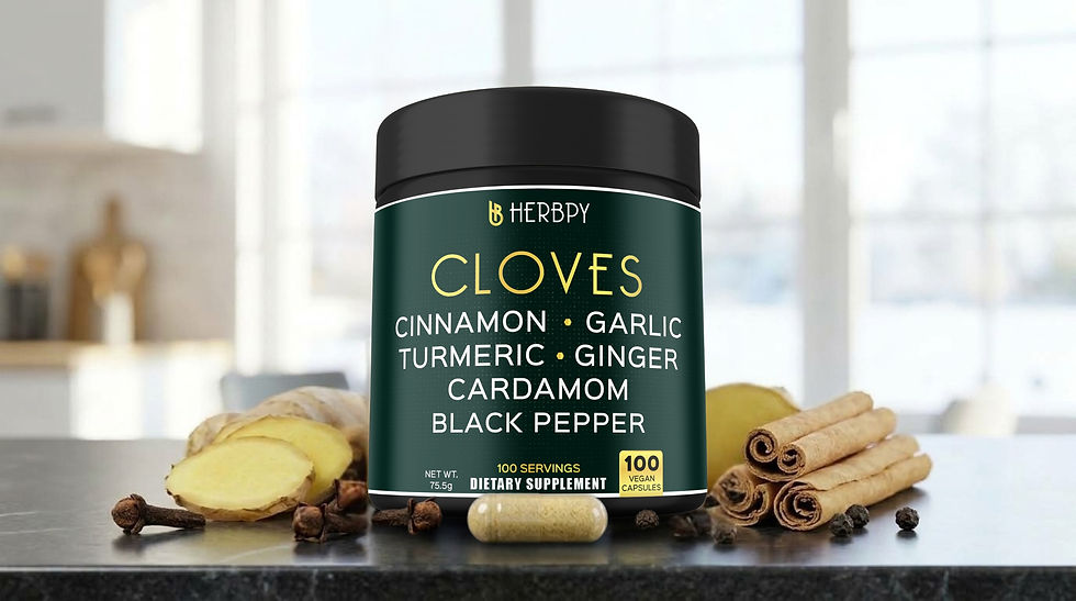 HERBPY Cloves dietary supplement bottle with cinnamon, ginger, turmeric, cardamom and black pepper on a kitchen counter.