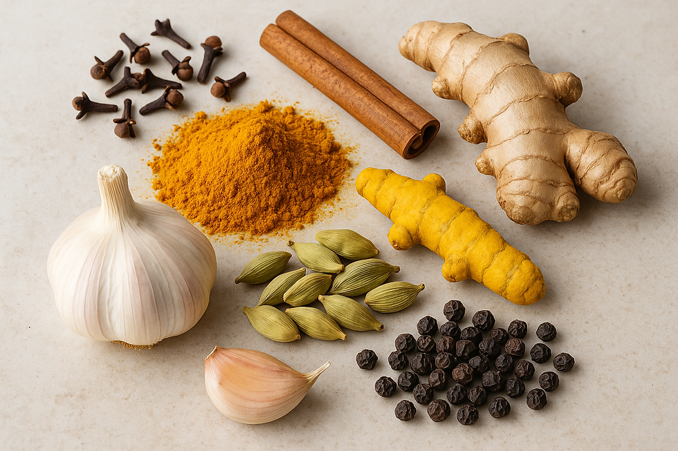 Various spices and herbs on a light surface: garlic, turmeric, ginger, cloves, cinnamon, cardamom, and black pepper. Earthy tones. Herbpy Blog.