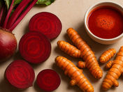 Beets and turmeric arranged on a beige surface, with a small bowl of vibrant red liquid beside them. The mood is earthy and organic.