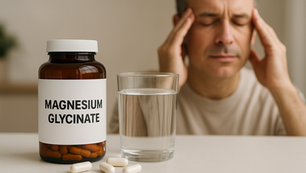 Man holding head in pain beside a bottle of magnesium glycinate, a glass of water, and pills on a table. Neutral background. Herbpy Blog.