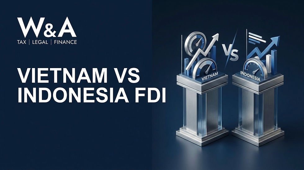 Ảnh nền xanh: logo W&A Tax Legal Finance, tiêu đề VIETNAM VS INDONESIA FDI, hai bục biểu đồ mũi tên so sánh.