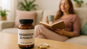 Magnesium Glycinate bottle on table; woman in background reads a book and holds a mug, relaxed setting with potted plants. Herbpy Blog.