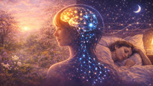 A woman sleeps peacefully in bed, her brain glowing with neural connections. A dreamy landscape with flowers and a sunrise surrounds her.