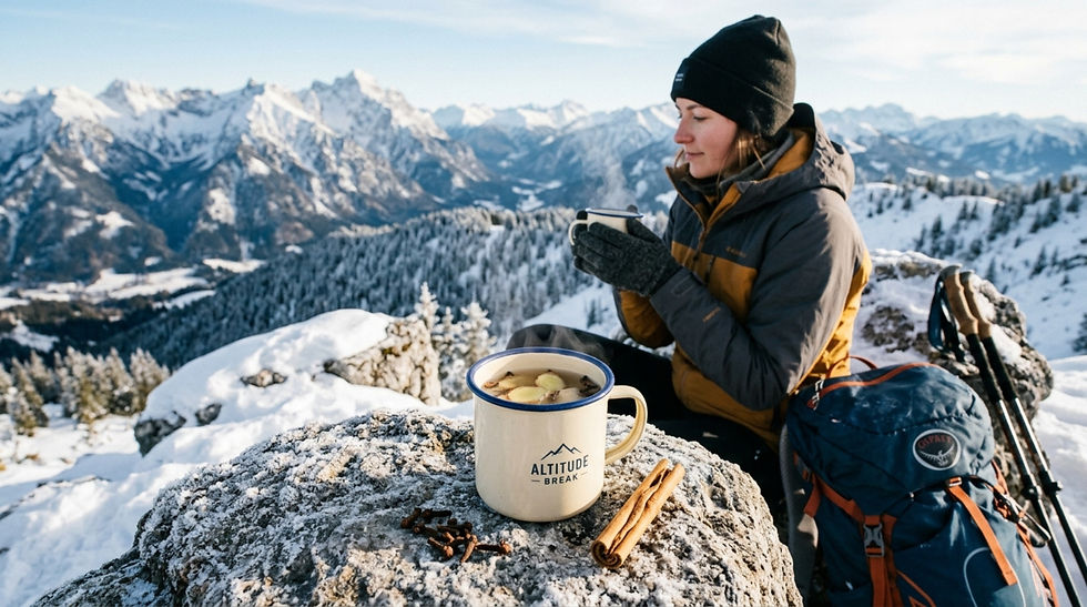 Woman in winter gear sips from a mug on a snowy mountain overlook, with backpack, trekking poles, and Altitude Break mug.