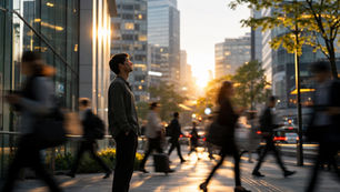 A person stands still on a busy city street at sunset, surrounded by blurred, moving pedestrians. Trees and tall buildings frame the scene.