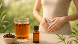 Woman touching belly, with a glass of clove tea, a bowl of cloves, and an amber bottle on a table. Greenery in the background.