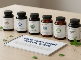 On the table, arrange 5-7 supplement bottles (amber and black jars) in a neat row, each with clear labels displaying prominent food certification logos: USP, NSF, USDA Organic, Non-GMO, Gluten-Free, and Vegan. The logos are designed to be sharp, colorful, and easily recognizable, with balanced sizing on the bottles