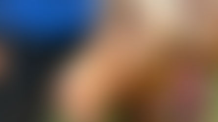 A brown goat with a red bandana stands on grass. A person in a blue shirt and sneakers is next to it, while a hand pets the goat's back.