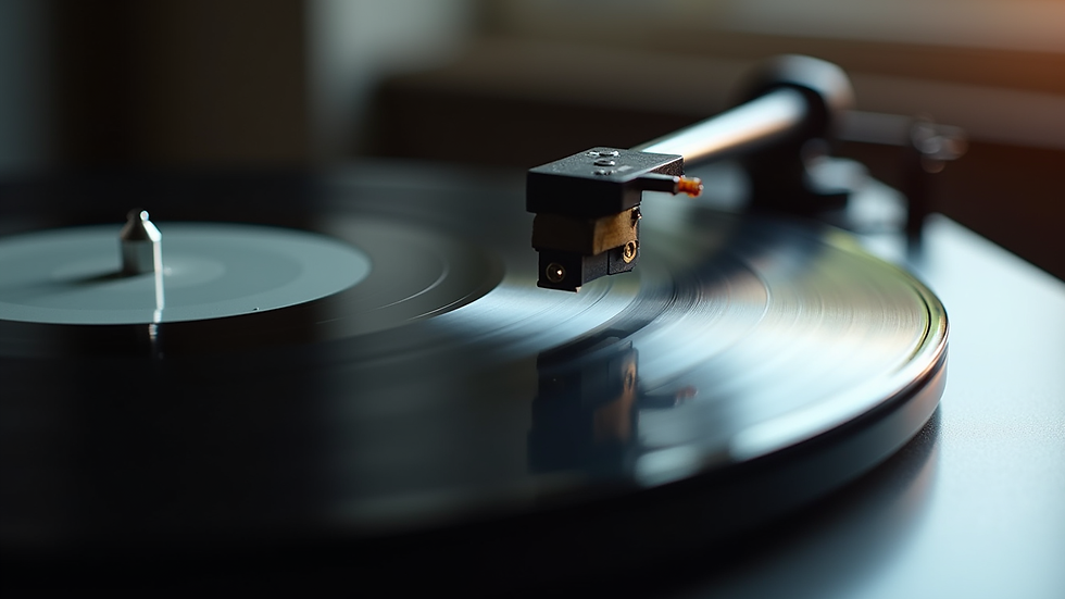 Close-up view of a vinyl record spinning on a turntable