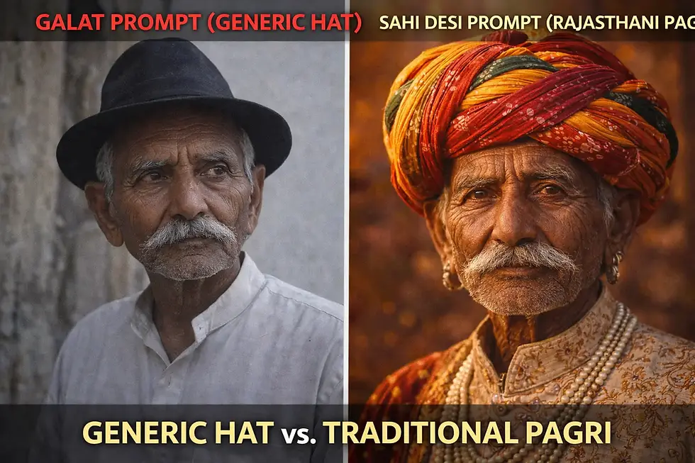 Visual guide comparing a generic 'man with hat' prompt versus a specific 'Rajasthani Pagri' prompt in AI. The right image shows vibrant colors, distinct folds, and cultural authenticity. Tutorial image by desiprompt.in