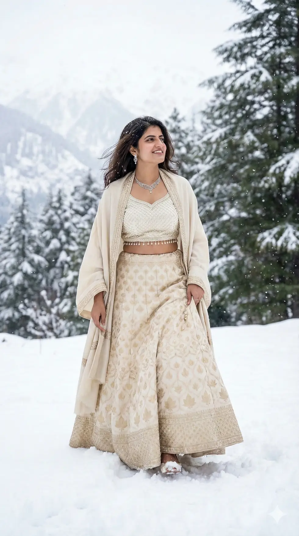 Ultra-realistic cinematic environmental portrait of an Indian woman in an ivory Pashmina jamawar lehenga walking through a snowy Himalayan landscape.