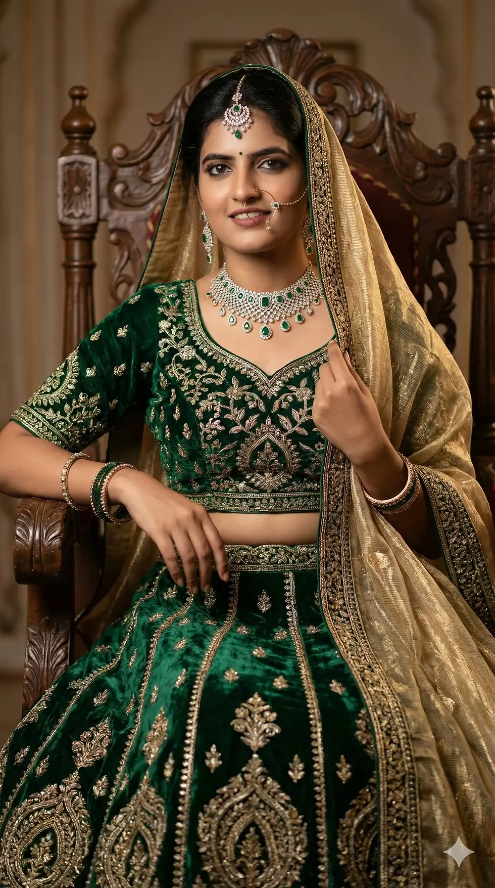 Ultra-realistic cinematic portrait of an Indian woman in a deep emerald velvet zardozi lehenga seated on an ornate throne in a palace.