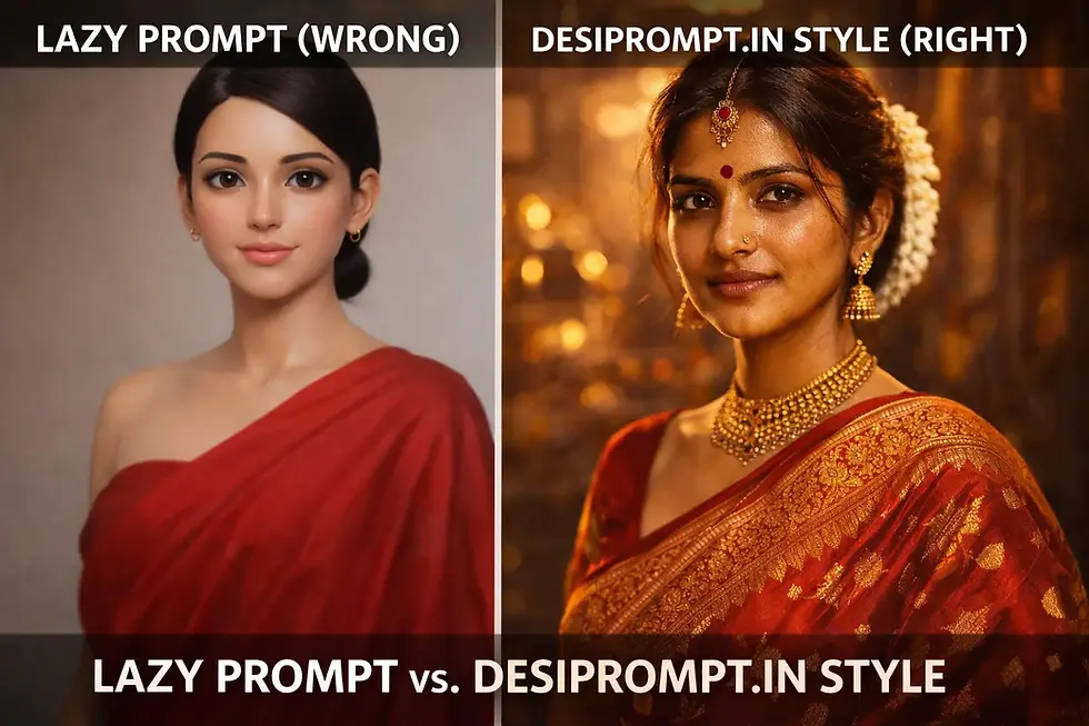 Comparison showing a generic AI generated saree versus a detailed Banarasi silk saree generated using specific Indian fashion prompts - guide by desiprompt.in