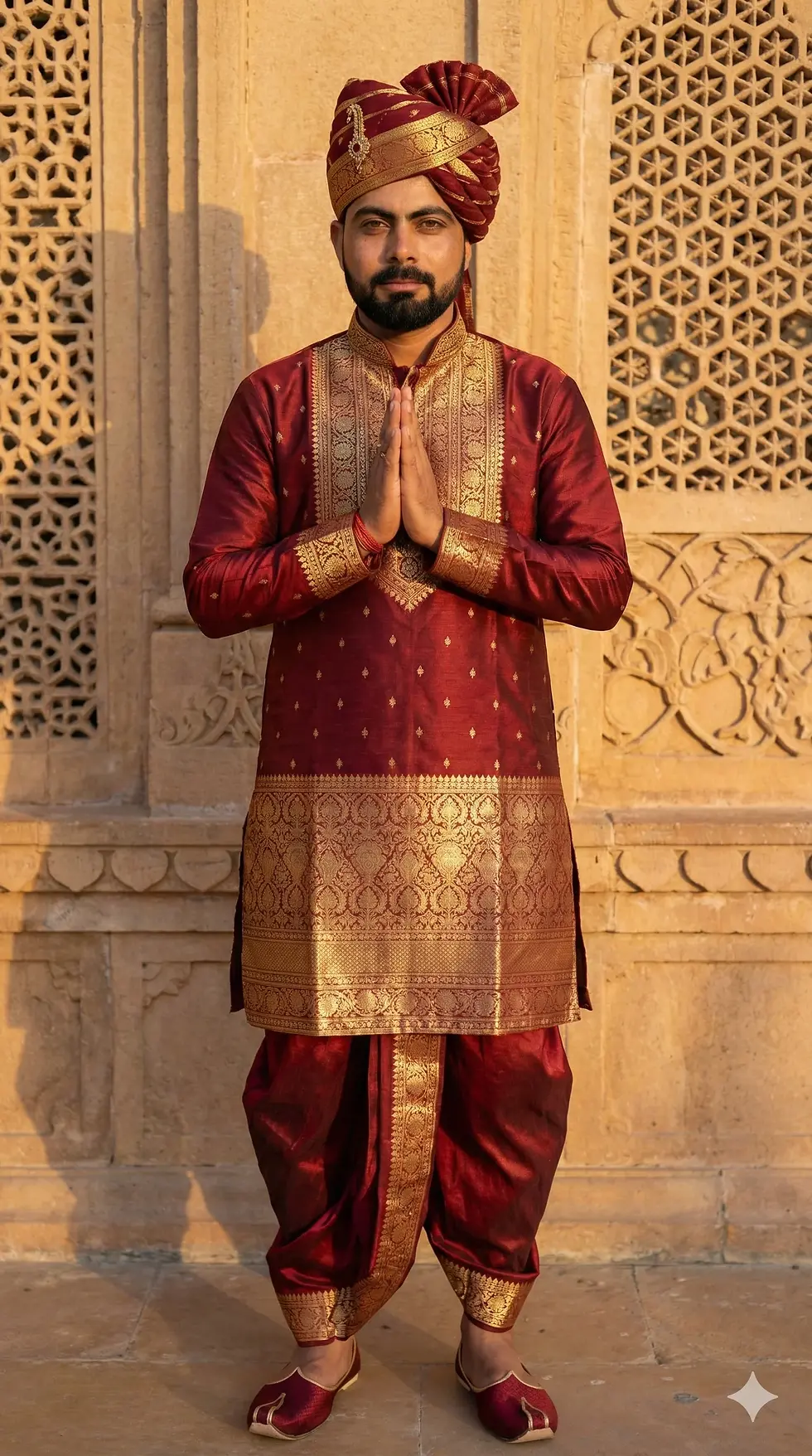 A dignified man wearing a royal maroon silk outfit stands with hands folded in a respectful namaste greeting against a textured sandstone wall.