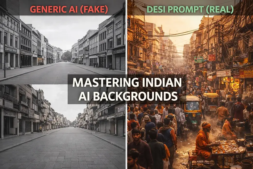 Split-screen comparison showing a fake, generic AI background versus a realistic, chaotic Indian street scene generated with specific prompts. Guide by desiprompt.in on mastering Indian AI background prompts