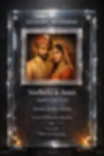 Macro architectural photography of a luxury wedding invitation installation crafted from layered optical crystal panels, precision-set brilliant diamonds with prismatic fire, 3D polished platinum typography, and a central translucent couple portrait.