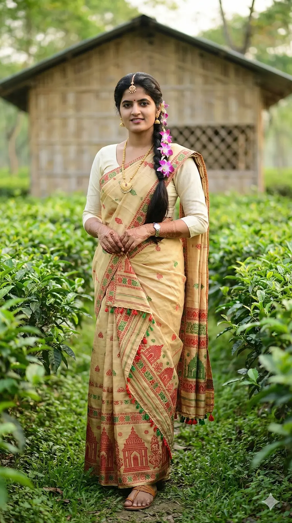 Ultra-realistic cinematic environmental portrait of an Assamese woman in traditional Muga silk Mekhela Chador within a lush tea garden at dawn.