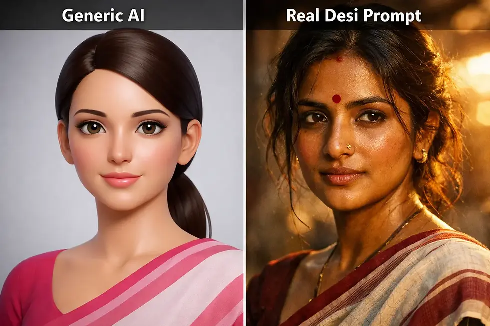 Comparison of a generic AI face versus a realistic Indian AI image prompt result with natural skin texture and cultural details - guide by desiprompt.in