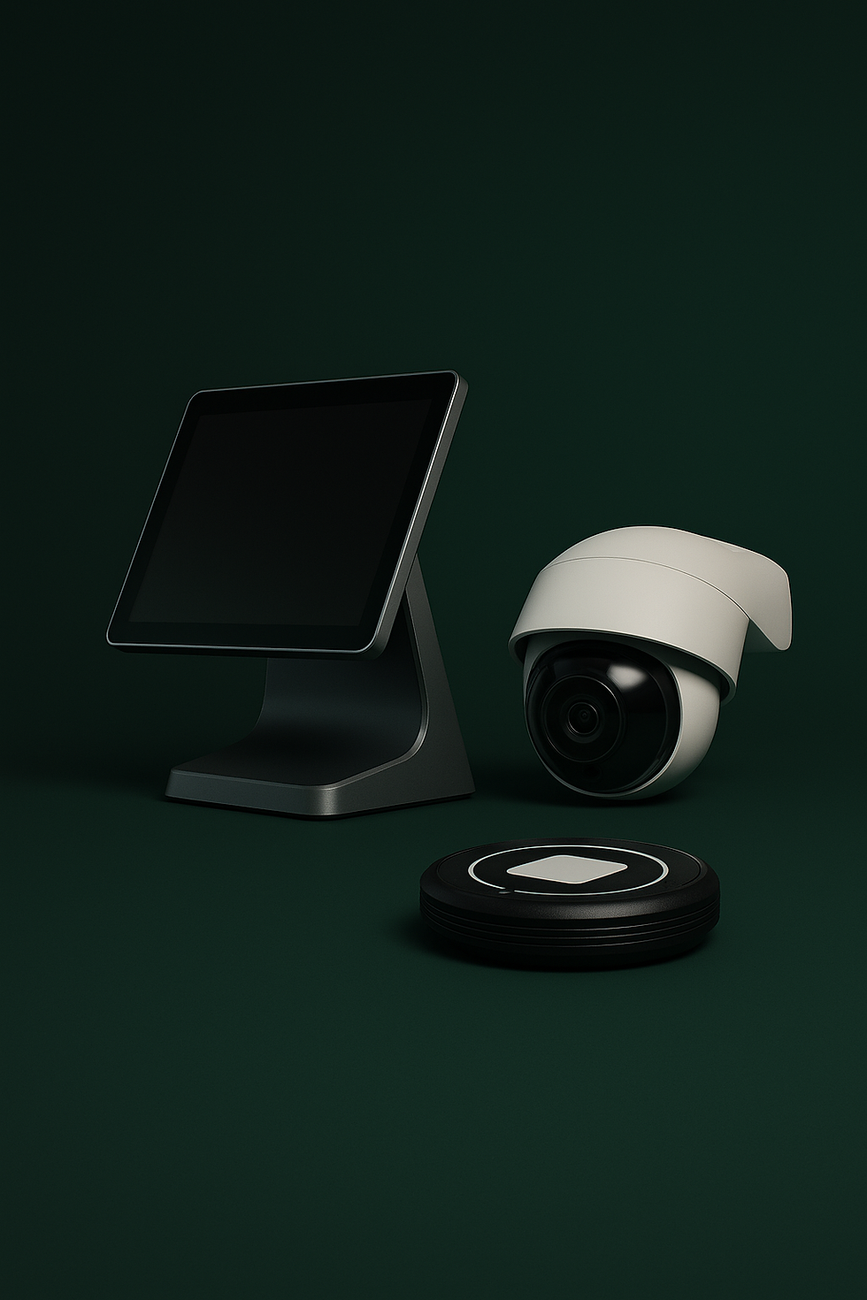 Minimalist tech distributor hero image with POS, paging, and CCTV on dark gradient.