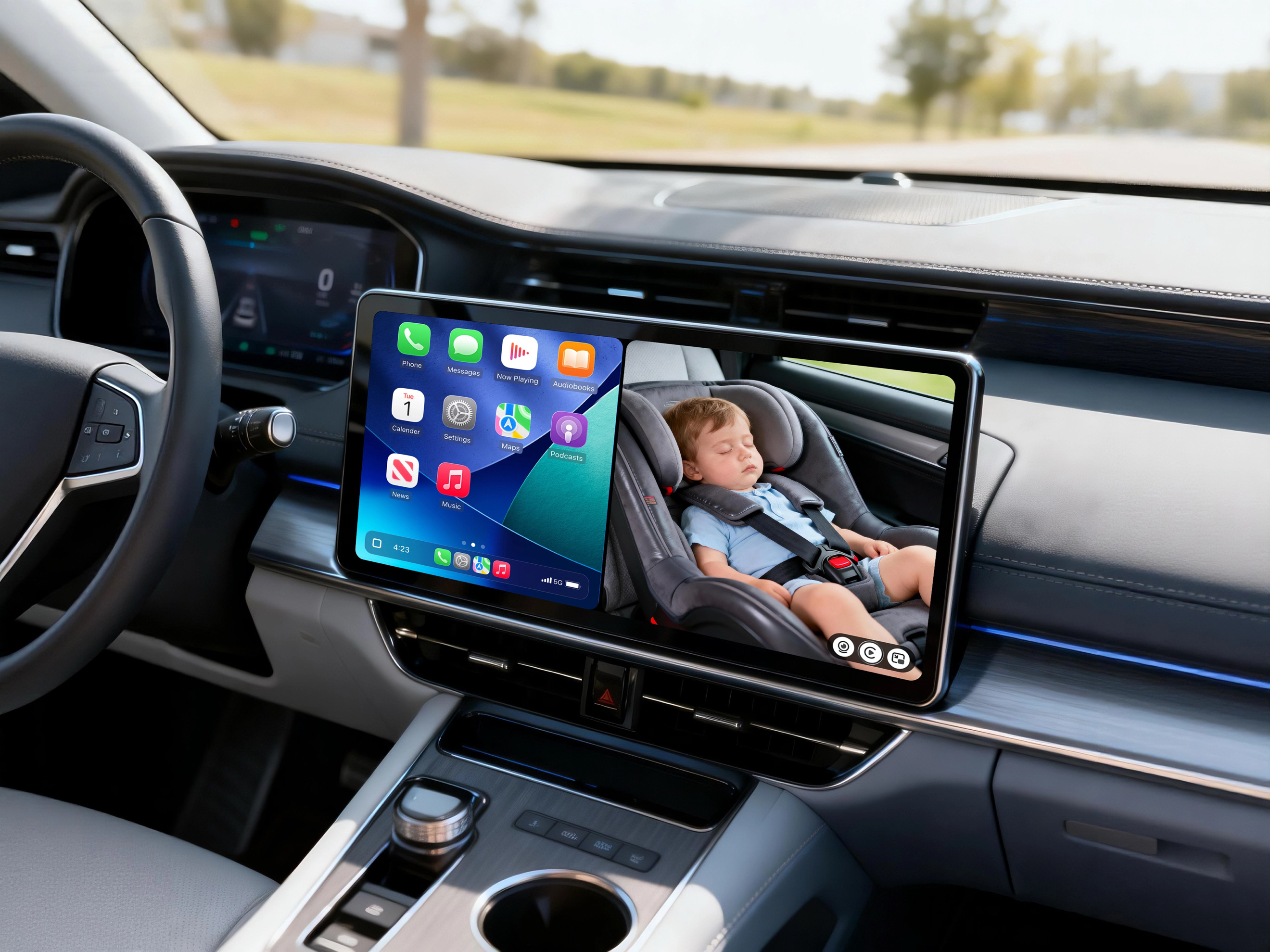 Parent smiling with their child safely settled in the back seat