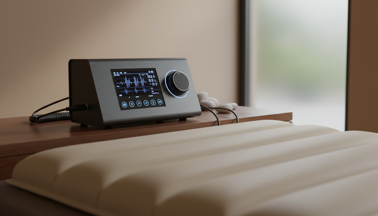 Close-up view of a pulse PEMF machine control panel beside a treatment mat.