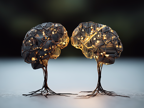 Imágen artística de 2 cerebros creado con cables y luces, interactuando entre ellos
