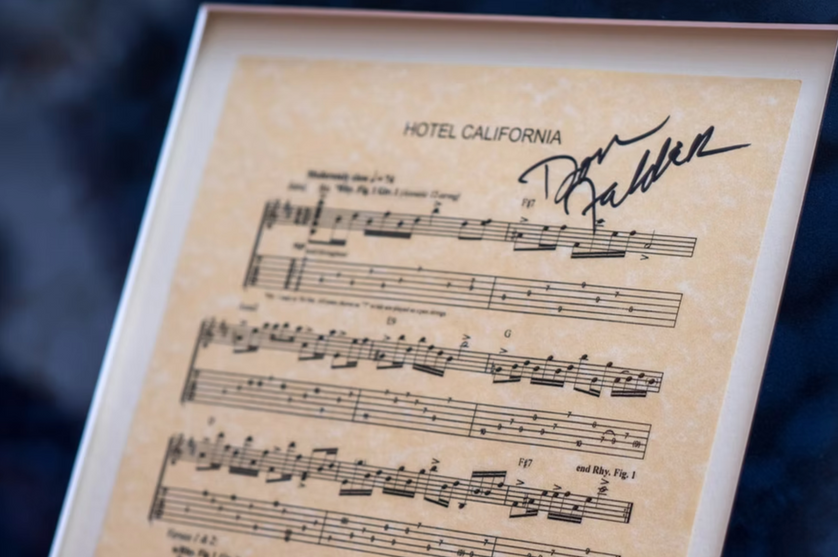 Sheet music for Hotel Califormia, signed by Don Felder of Eagles.