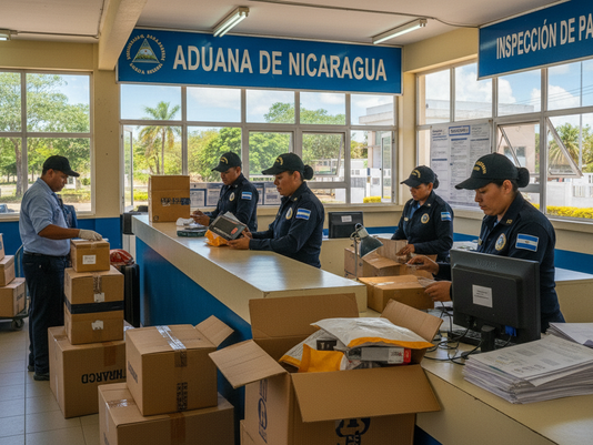 Customs officers at the Nicaragua Customs office inspecting packages and boxes in a parcel inspection area, surrounded by parcels and documents.