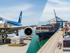 Comparison between air and sea freight transportation: a cargo airplane being loaded with pallets, and a container ship docked at a port full of containers.