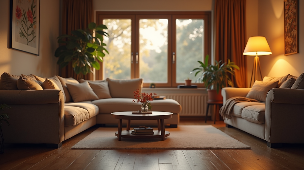 Eye-level view of a cozy family living room with a warm atmosphere
