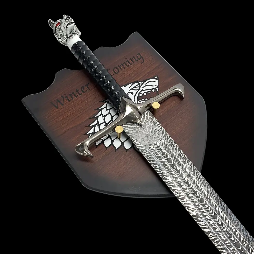 Thumbnail: Longclaw Damascus replica sword with upgraded wooden wall display plaque