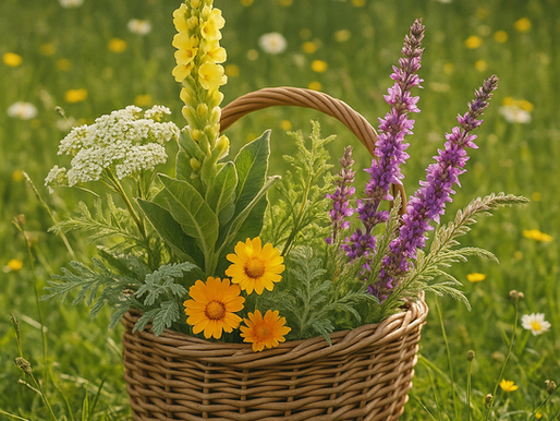 Frauendreißiger Heilkräuter – Korb mit Königskerze, Schafgarbe, Ringelblume und Blutweiderich auf einer Sommerwiese