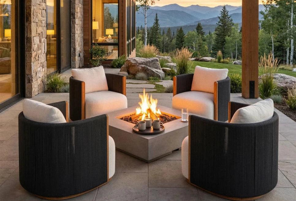 Modern patio with fire pit, lounge chairs, and mountain view
